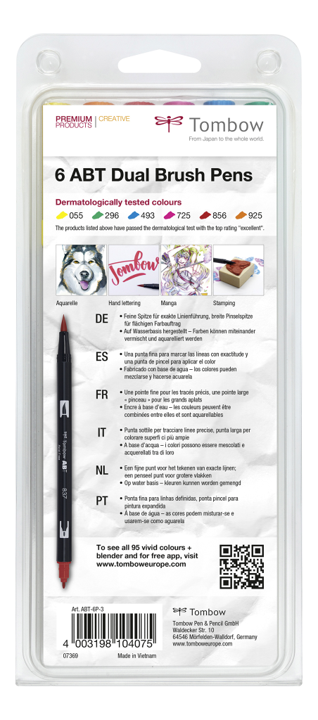 ABT Dual Brush Pen Fasermaler mit 2 Spitzen, Farben dermatologisch getestet, 6er Set