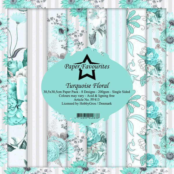 Motivpapier, Turquoise Floral ,  8 Blatt, 30,5x30,5cm